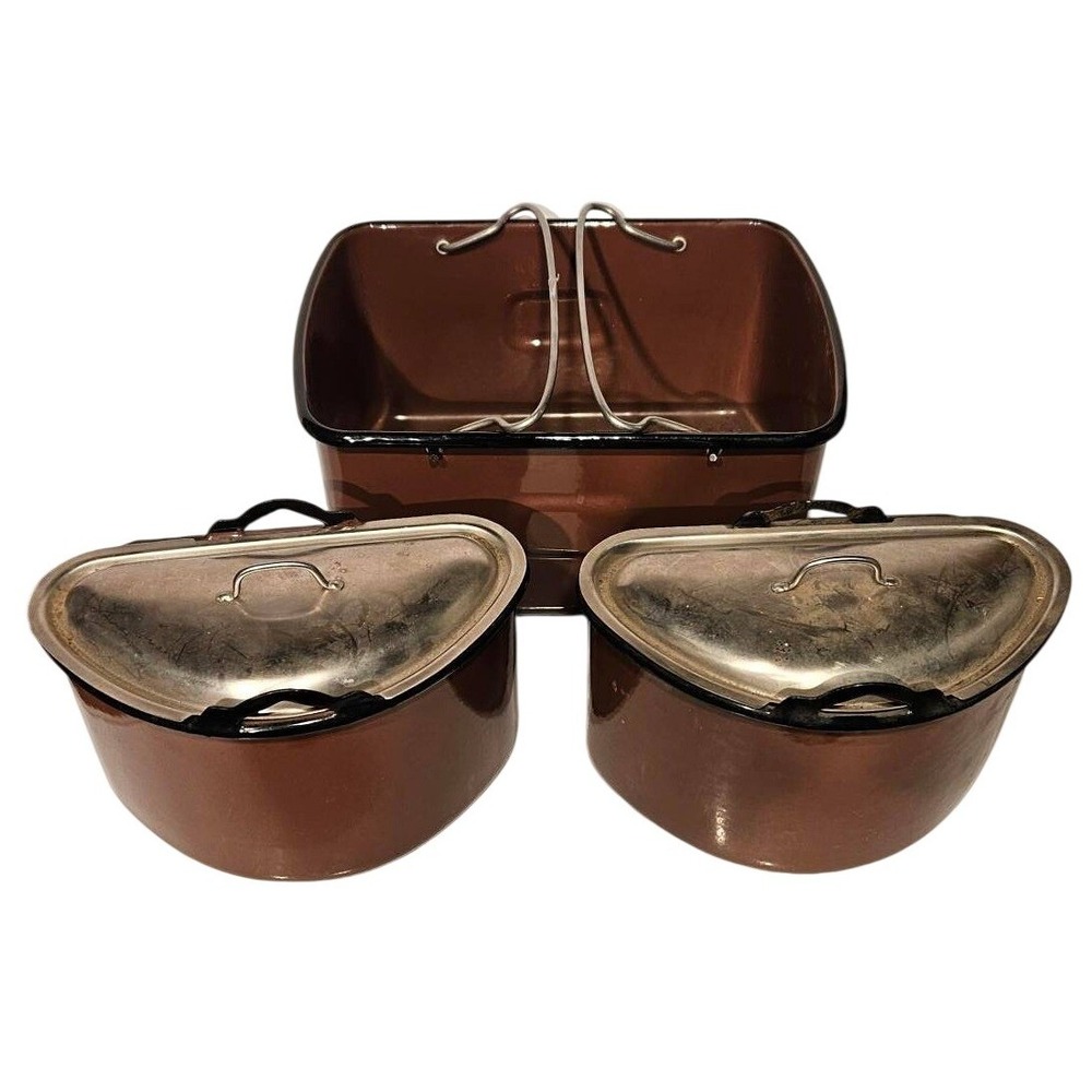 Vintage‎ Brown Enamel Nesting Mess Kit 3 Piece Camping Cookware Set with Lids